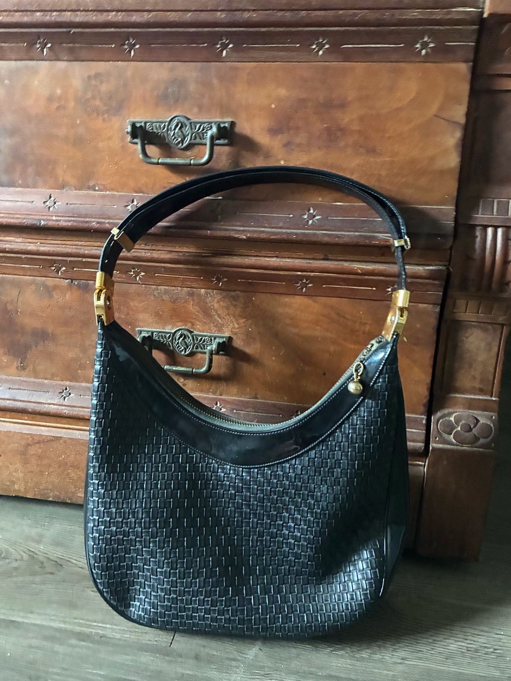 Vintage Mad Men Style Black Woven Leather Hobo Bag with Gold Hardware
50’s/60’s